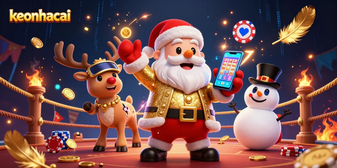 Experience keonhacai excitement with Santa, a reindeer, and a snowman in a dynamic casino scene