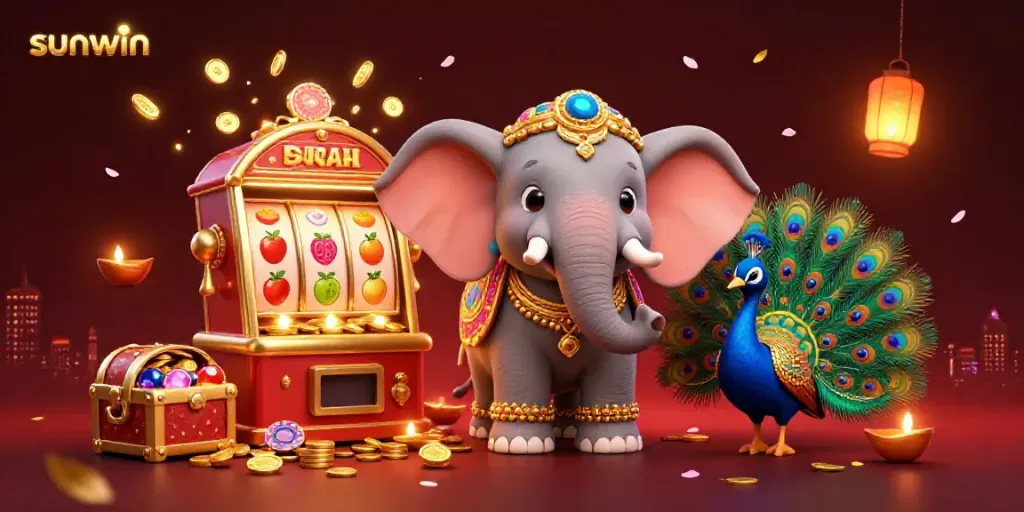 Engage in thrilling games like slots at sunwin with vibrant elephant and peacock companions.