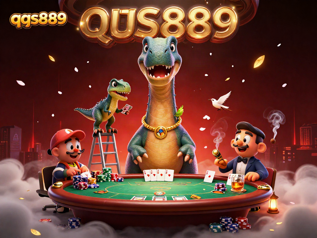 Experience thrilling poker action at qqs8889 with cartoon dinosaurs and dazzling casino decor.