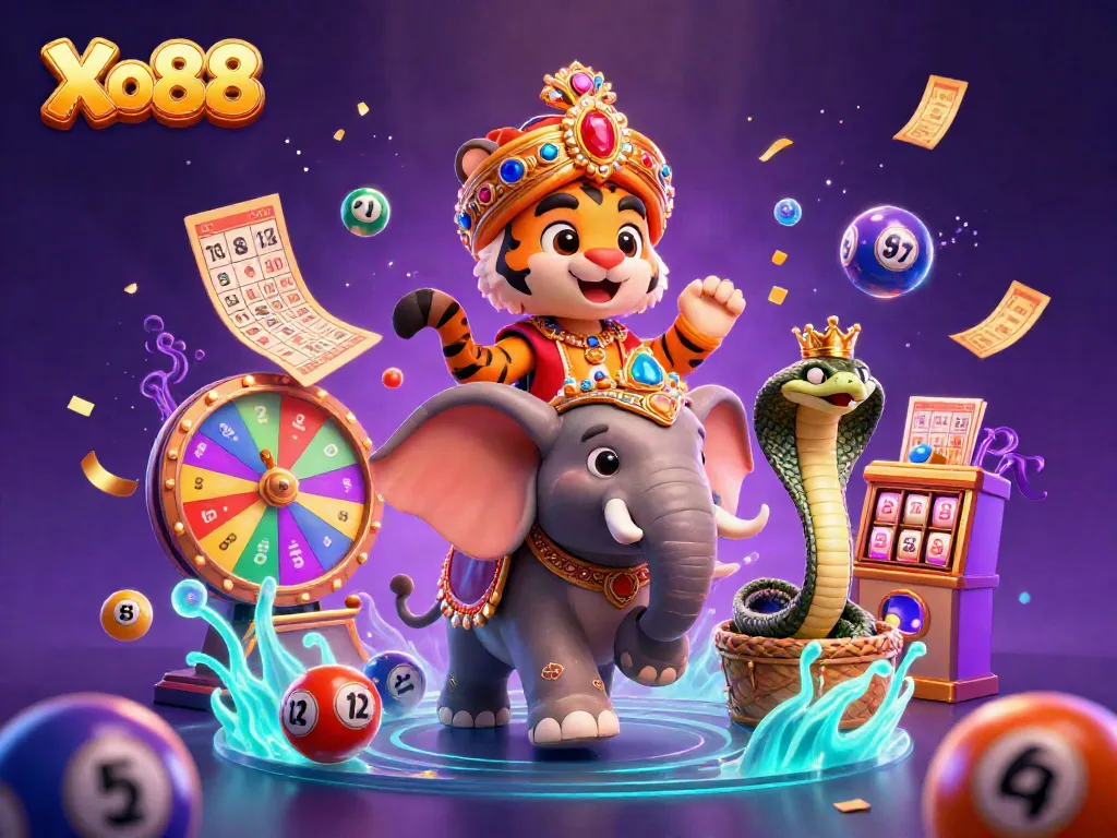 Xo88 offers a vibrant world of casino excitement featuring a 3D maharaja tiger, jewel-encrusted elements, and colorful gaming symbols.