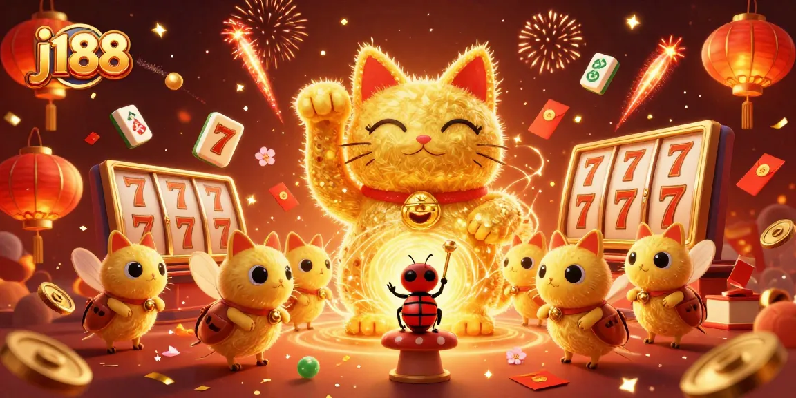 Experience the vibrant j188 casino world with a lucky cat and golden fireflies in a colorful celebration.