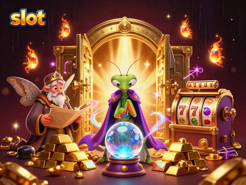 Engage in slot gaming thrills with vibrant visuals of fortune tellers and glimmering treasures.
