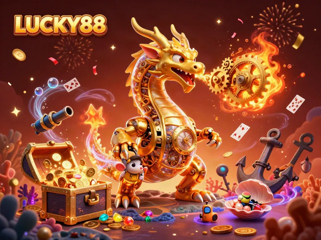 Experience the excitement of LUCKY88 with a vibrant 3D casino illustration showcasing dynamic gameplay elements.