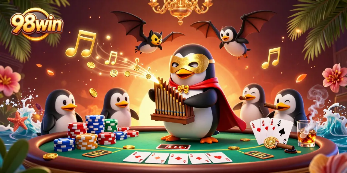Experience the excitement of 98win with a penguin playing for golden coins at a vibrant casino scene.