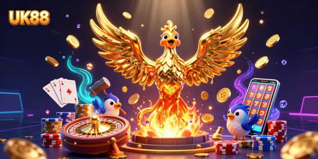 Spin the roulette at UK88 while golden coins fall from the molten phoenix in an exciting casino scene.