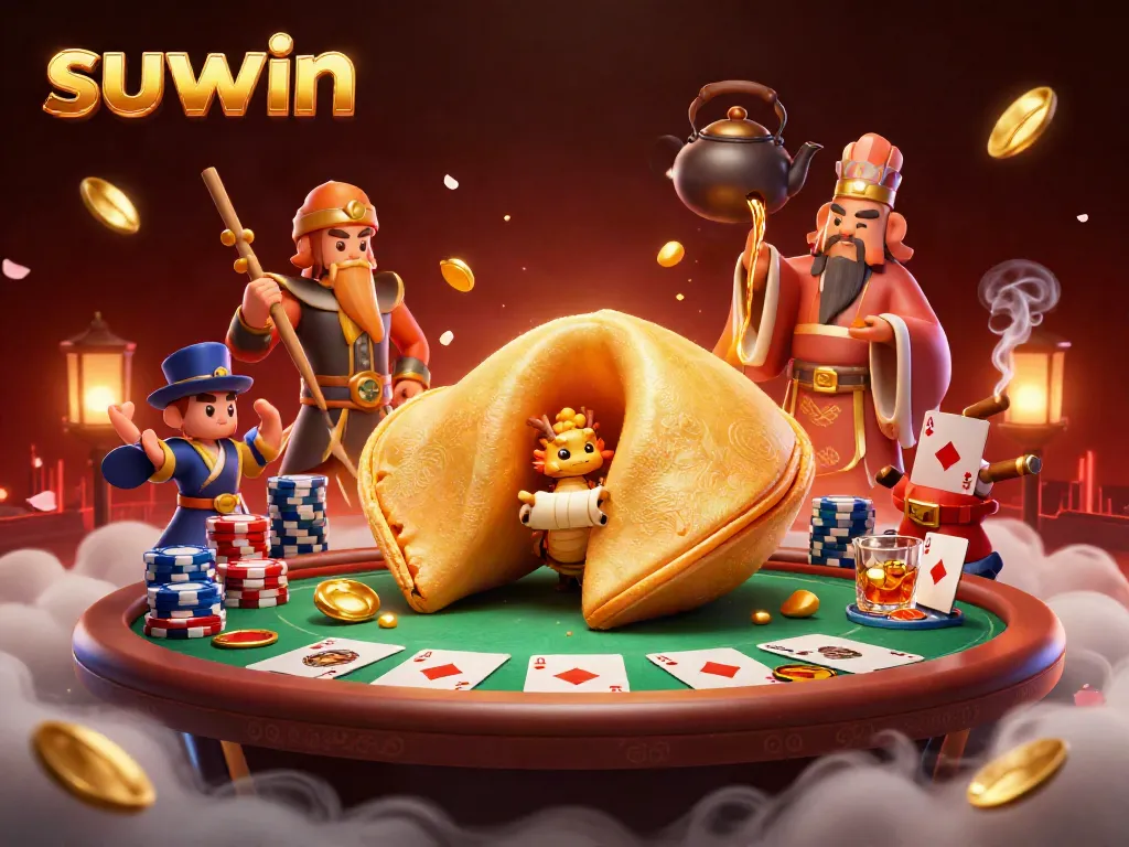 Play exciting games at suwin with a vibrant casino scene featuring unique characters and elements.