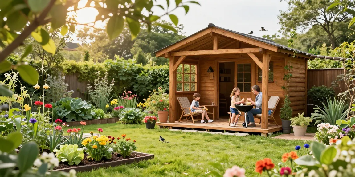Wunderschönes Gartenhaus in einem blühenden Garten mit Familie beim Grillen.