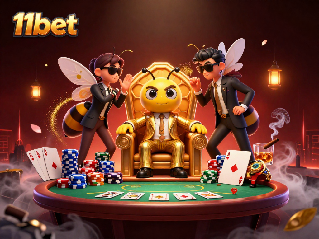 11bet engage with a dynamic poker scene featuring a cartoon mob boss and animated game elements.