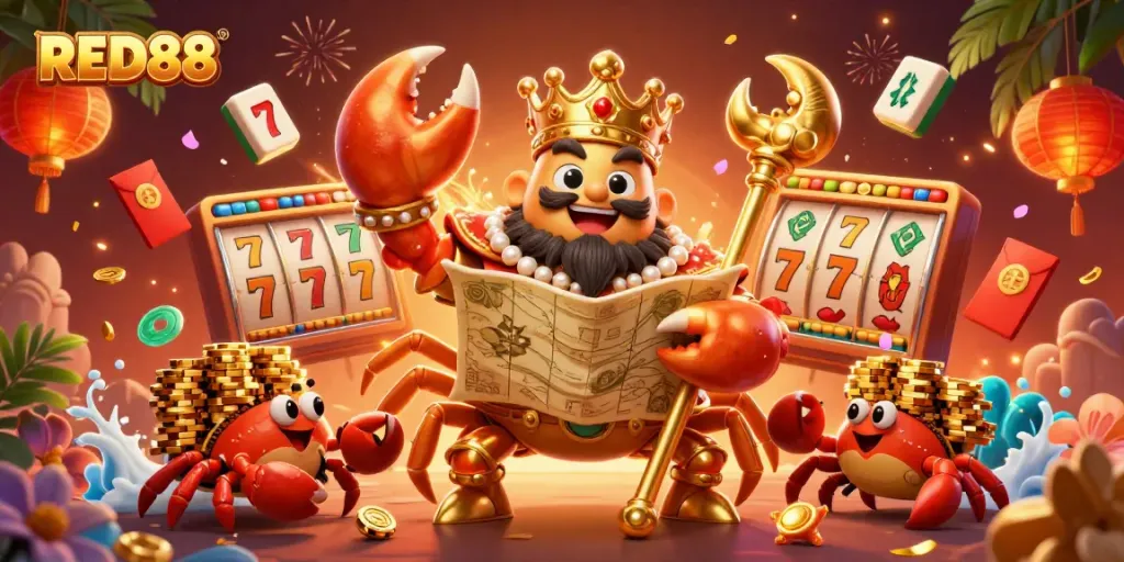 Experience winning opportunities at RED88, featuring golden crab emperor and exciting slot elements.