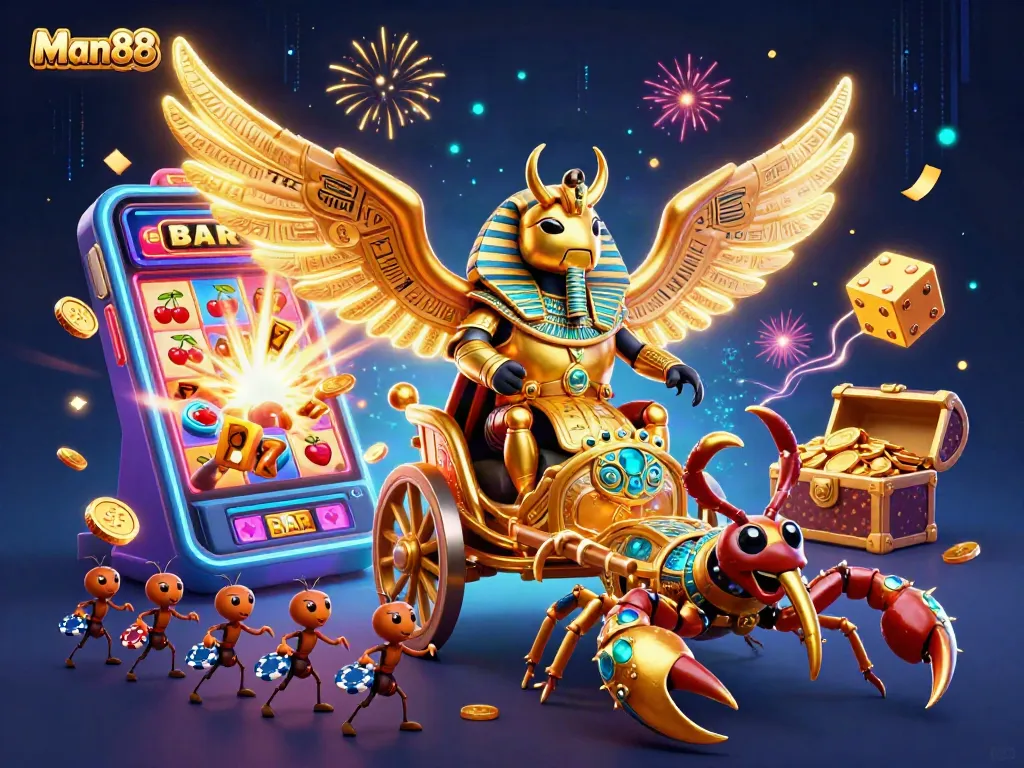 Engage with Man88's thrilling casino scene featuring the massive 3D slot machine and golden scarab beetle.