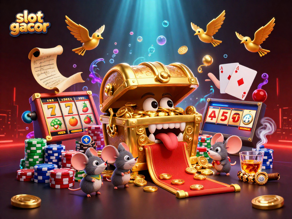 Experience slot gacor action with colorful game elements and treasure characters in this vibrant illustration.