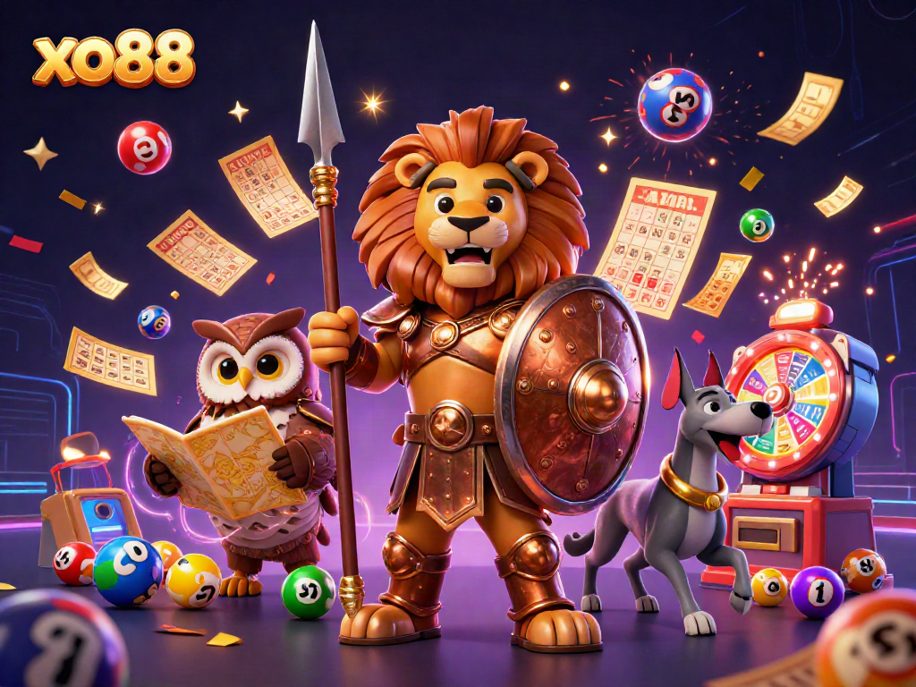 Experience thrilling gameplay at xo88 with a dynamic scene of casino elements and characters.
