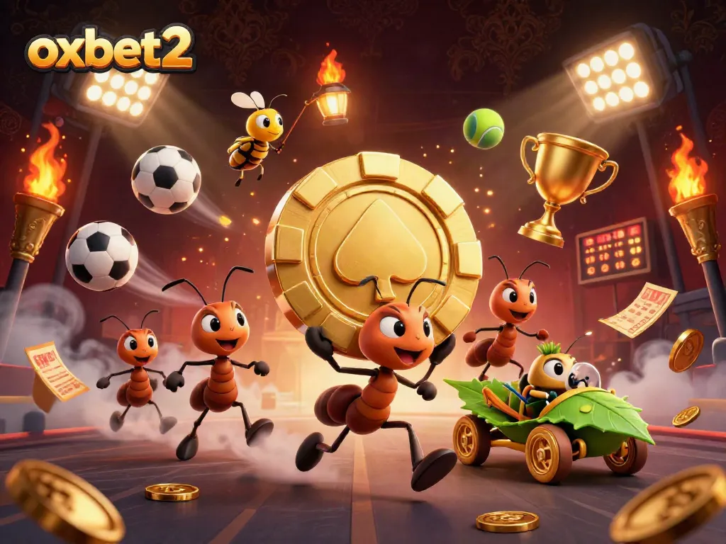 Experience thrilling winnings at oxbet2 with a heist-themed illustration showcasing cartoon ants and gambling elements.