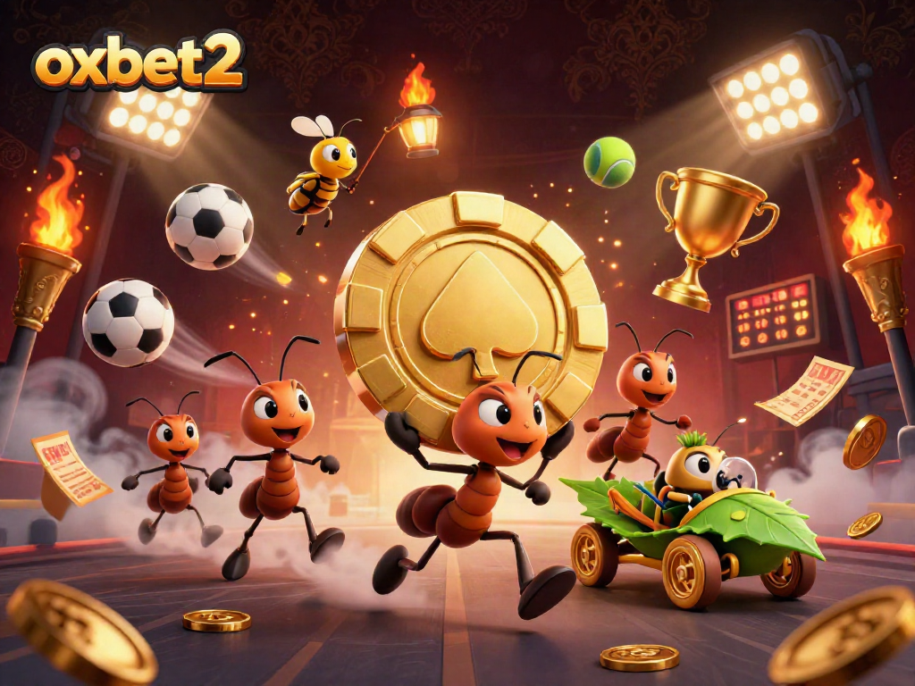 Experience thrilling winnings at oxbet2 with a heist-themed illustration showcasing cartoon ants and gambling elements.