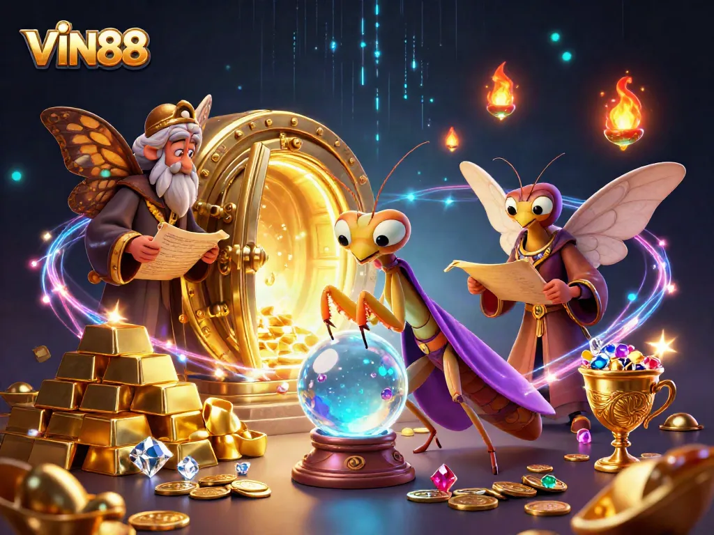 Engage with the mystical VIN88 world through a vibrant 3D illustration of fortune and gaming.