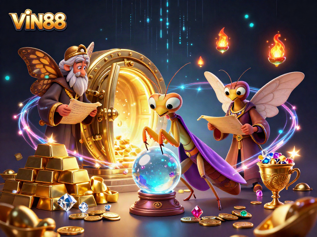 Engage with the mystical VIN88 world through a vibrant 3D illustration of fortune and gaming.