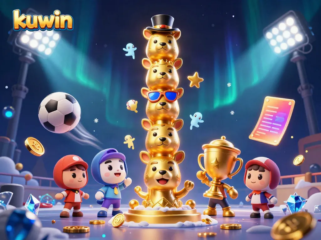 Join the action with kuwin's vibrant casino atmosphere, showcasing a colorful 3D totem surrounded by dynamic sports elements.