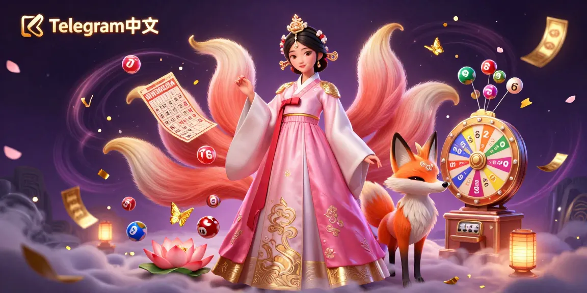 与Telegram中文一起旋转令人兴奋的彩票,一位优雅的亚洲女性和一只幸运的狐狸通过弹跳的球和生动的奖品带来欢乐。