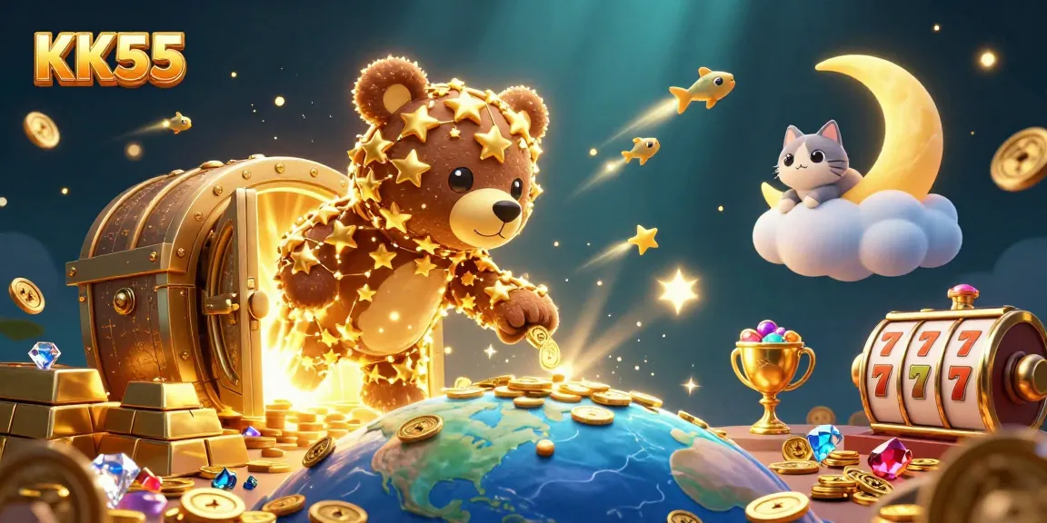 Experience excitement at KK55 with a vibrant 3D illustration of a constellation bear and treasures.