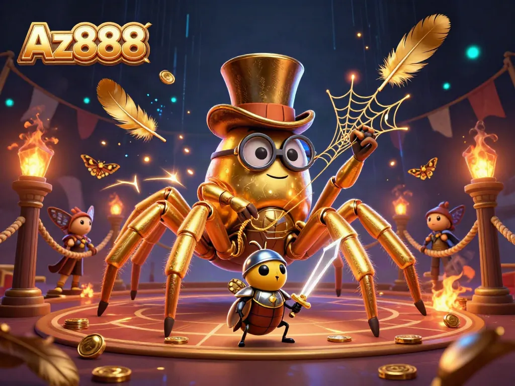 Az888 showcases a thrilling casino scene with a giant golden tarantula, a beetle knight, and vibrant game elements.