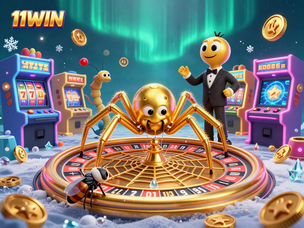 Spin to win at 11WIN's roulette wheel, featuring a golden spider and vibrant casino elements.