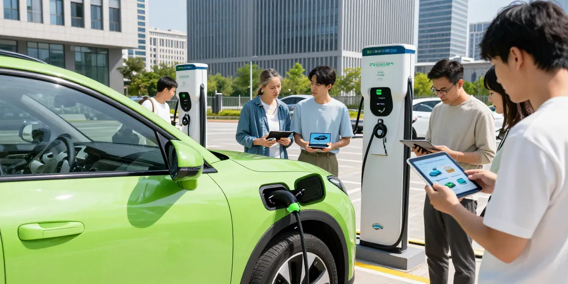 People exploring features of electric cars at a public charging station on situs 7meter.