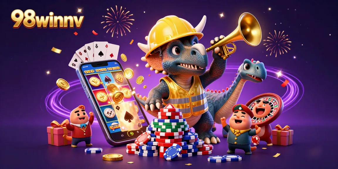Experience the excitement of 98winnv as colorful slot games and poker chips create a festive gaming atmosphere.