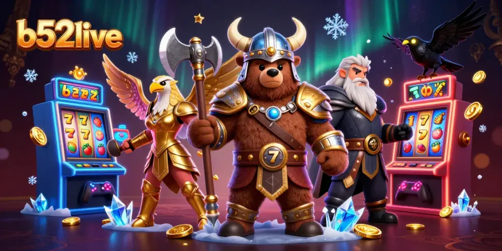 Play exciting games and win at b52live amidst vibrant slot machines and mythical characters.
