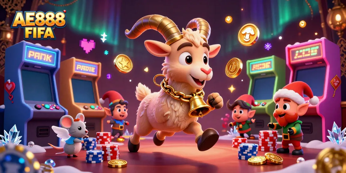 Experience the thrilling AE888 FIFA casino scene with a playful Krampus goat and elf characters.