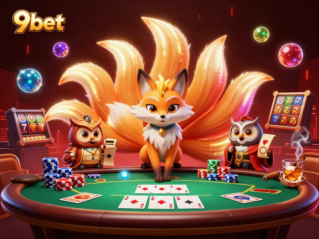 Engage with 9bet's vibrant 3D illustration showcasing a lively gambling scene.