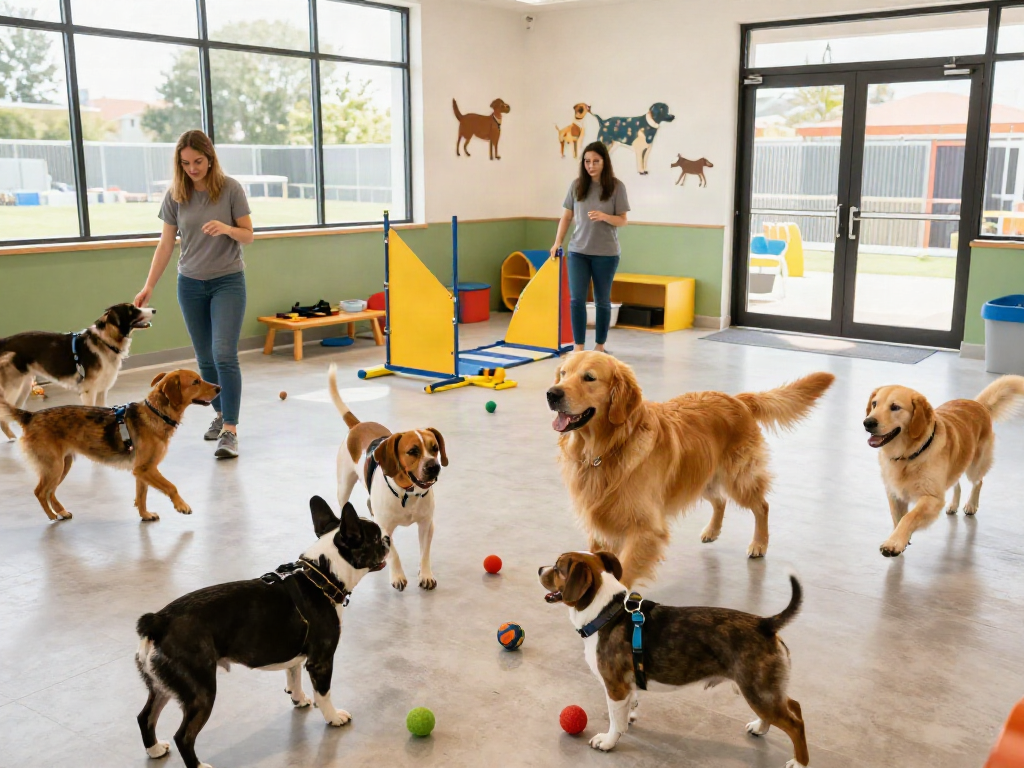Happy dogs at a dog daycare enjoying slot depo 10k fun and play.