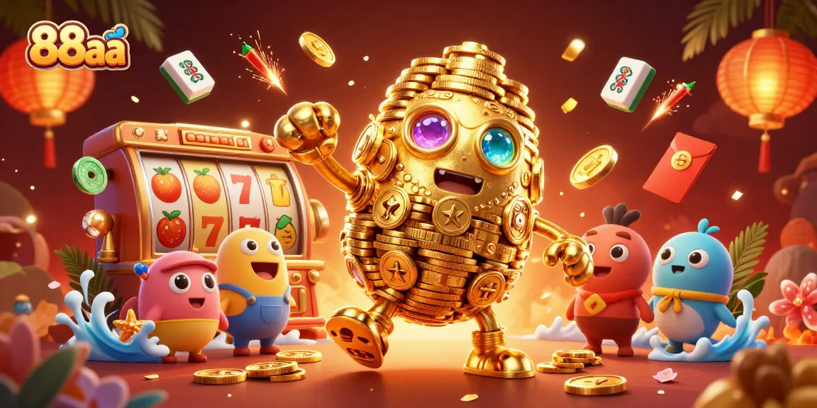 Engage with 88aa's vibrant 3D casino theme featuring a golden golem and dynamic slot game elements.