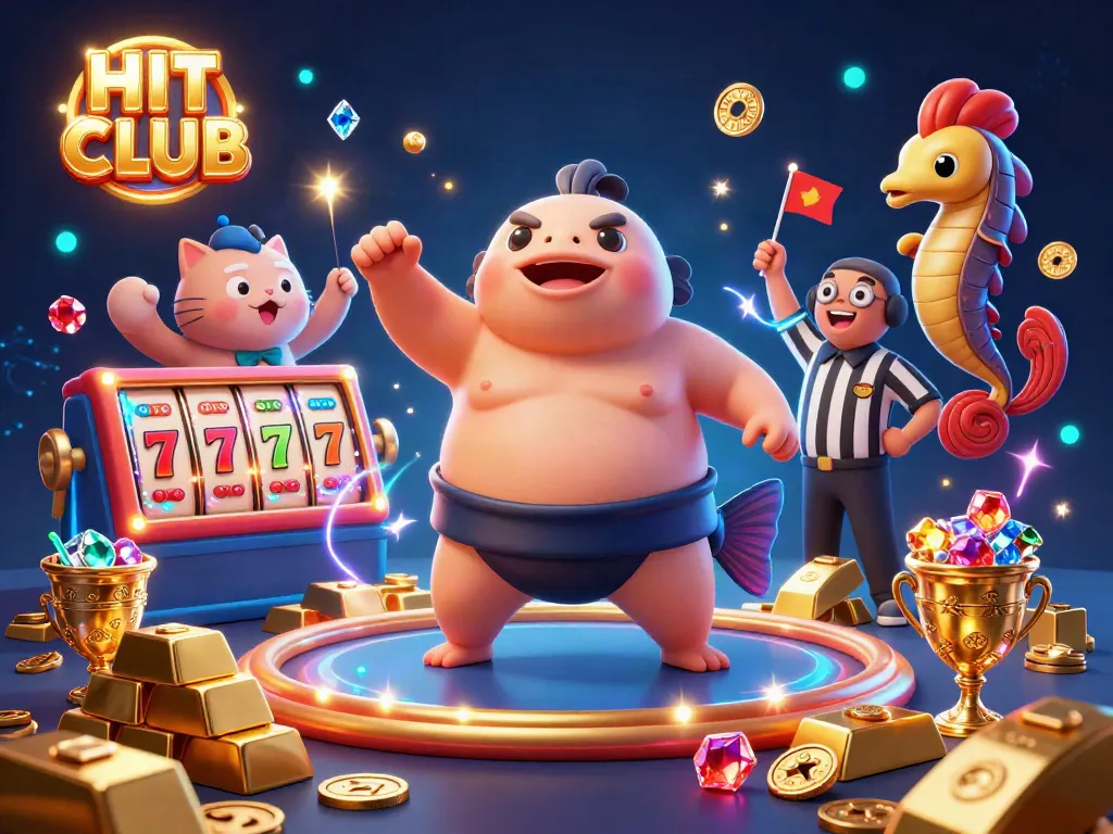 Engage with the HIT CLUB's vibrant casino atmosphere featuring cartoon characters, slot reels, and treasure.