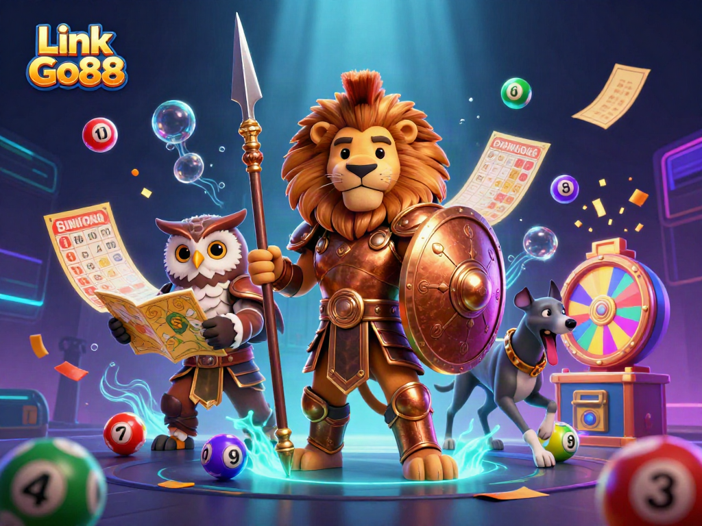 Engage in thrilling games as Link Go88 showcases a colorful lottery-themed scene with dynamic characters.