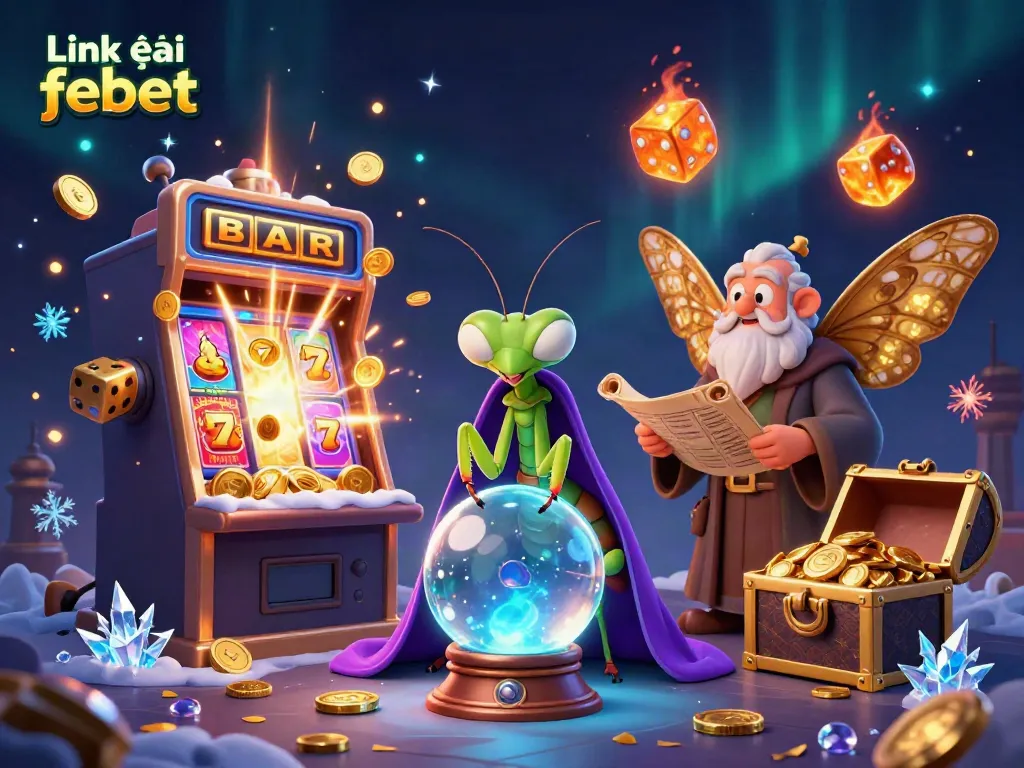 Win big with Link vào febet in this vibrant 3D casino scene depicting fortune tellers and slot games.