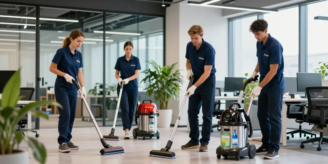 Professionelle Gebäudereinigung Düsseldorf mit Reinigungspersonal in modernen Büroflächen, das umweltfreundliche Reinigungsmittel verwendet.