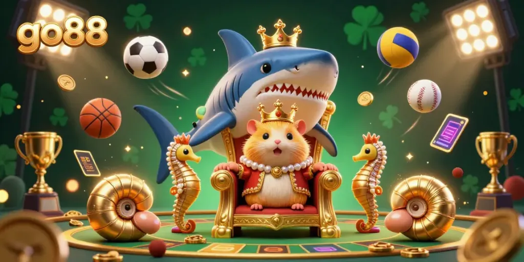 Experience go88's thrilling gaming scene with a golden hamster king sitting on a megalodon throne in a vibrant casino.
