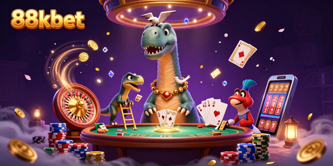 Experience thrilling gameplay at 88kbet with a vibrant 3D casino scene featuring a giant brontosaurus and raptor dealer.