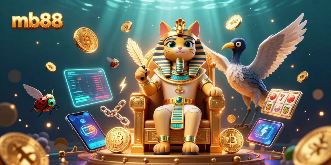 Experience thrilling spins at mb88 with a colorful 3D casino illustration featuring a pharaoh cat and crypto elements.