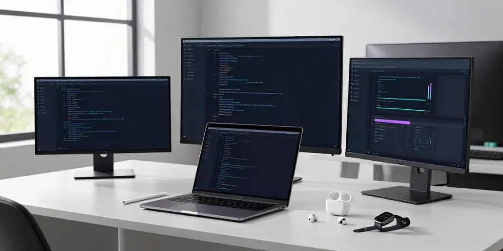 Modernes Entwickler-Setup mit verschiedenen Gadgets und Programmier-Software erfolgreich integriert.