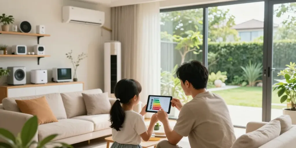Familie diskutiert Wärmepumpe Kosten und Einsparungen im modernen Wohnzimmer.