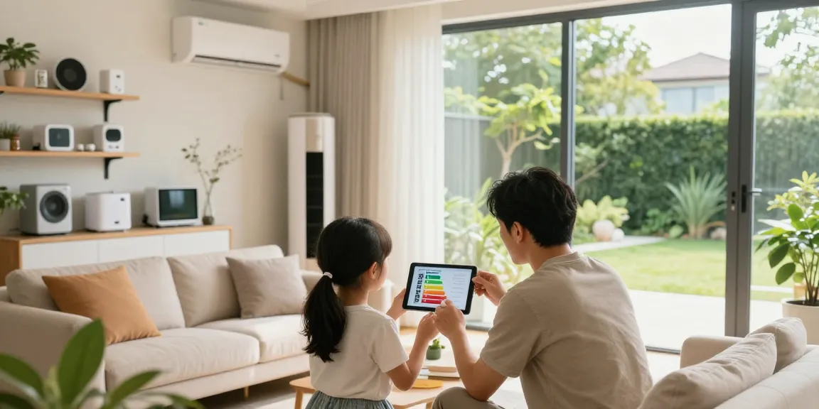 Familie diskutiert Wärmepumpe Kosten und Einsparungen im modernen Wohnzimmer.