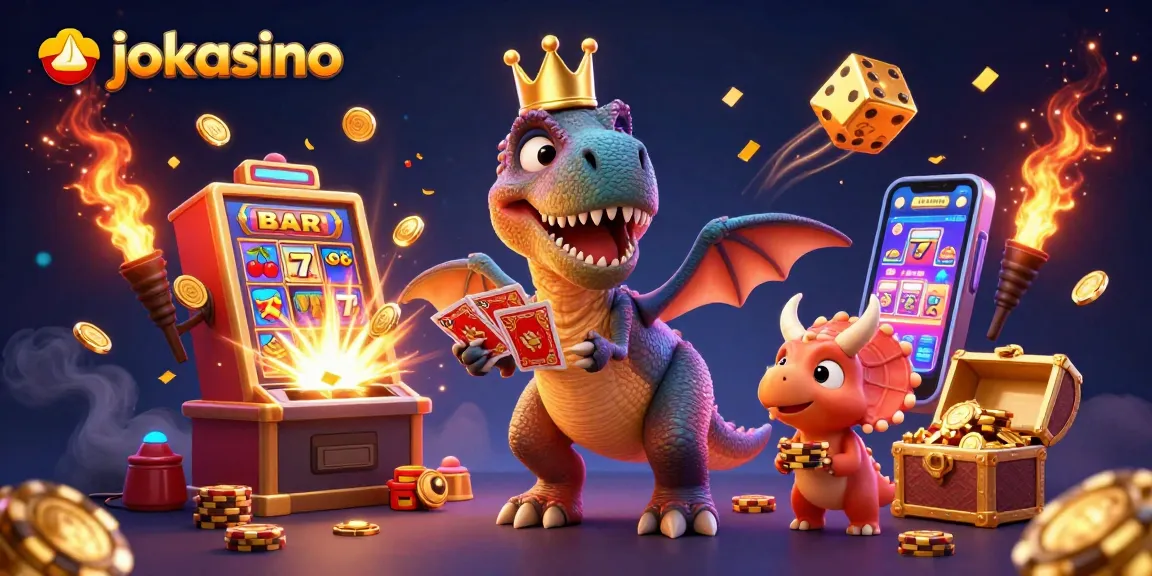 Engage with the vibrant jokacasino scene featuring a T-Rex dealing cards and stacking chips.