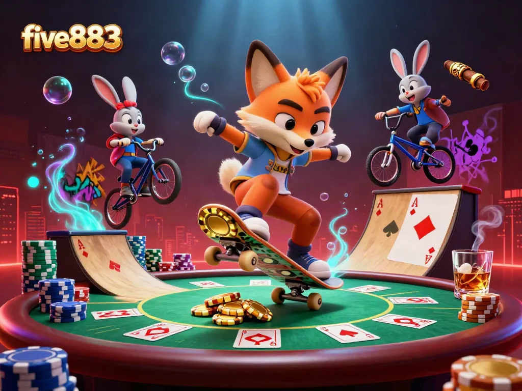 Experience the excitement of five883 with vibrant characters in a packed casino scene full of poker, chips, and lively action.