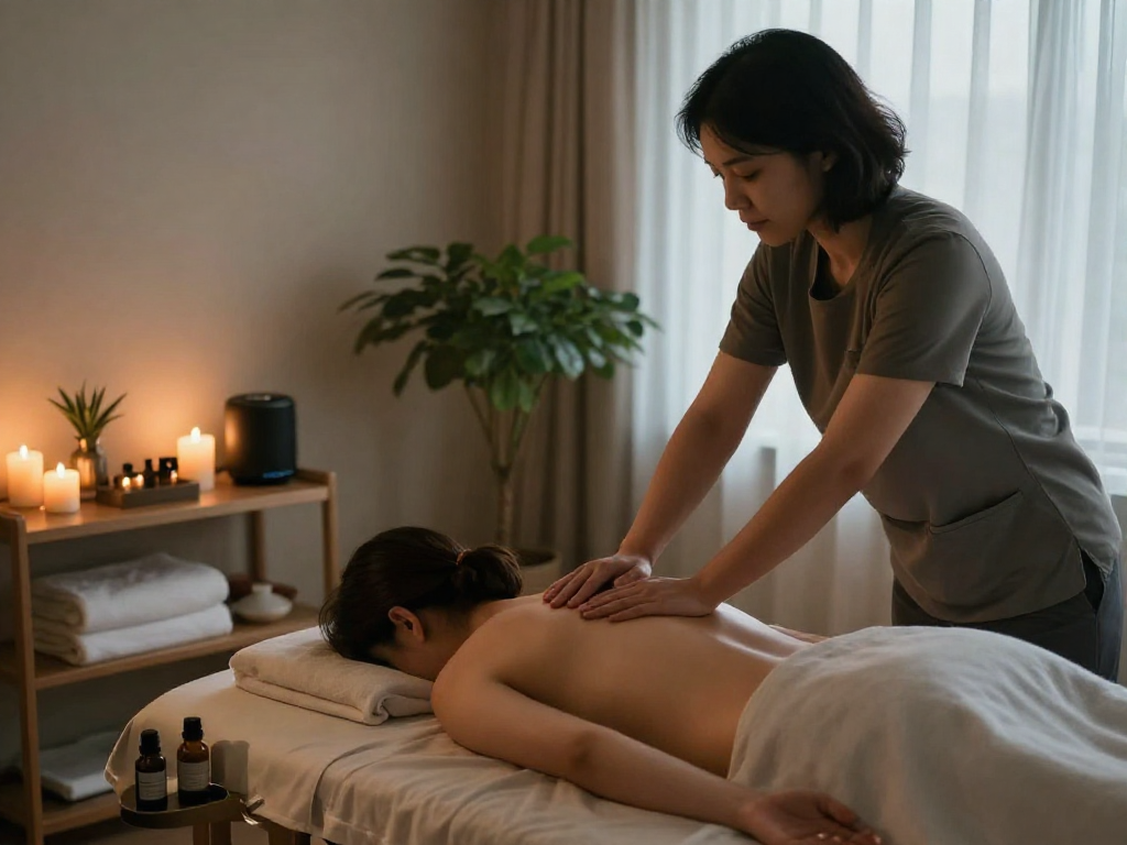 Relaxing 오산출장안마 in a serene wellness treatment room with calming atmosphere.