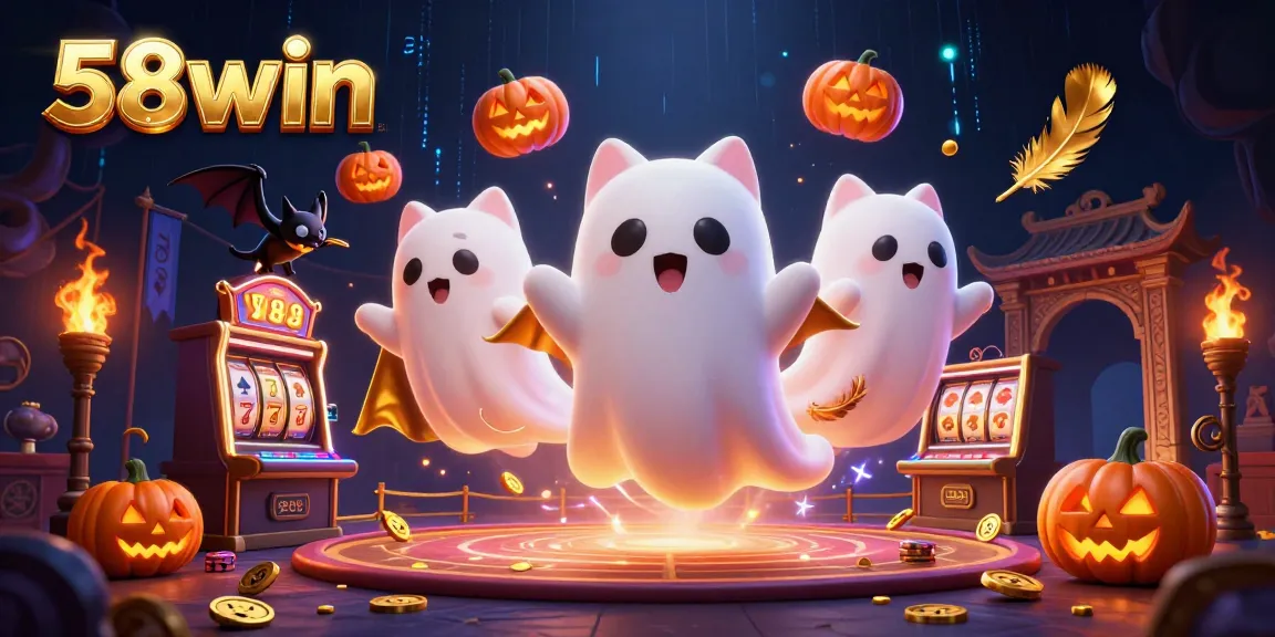 Engage with exciting gameplay at 58win, featuring a floating friendly ghost cat and vibrant casino elements.