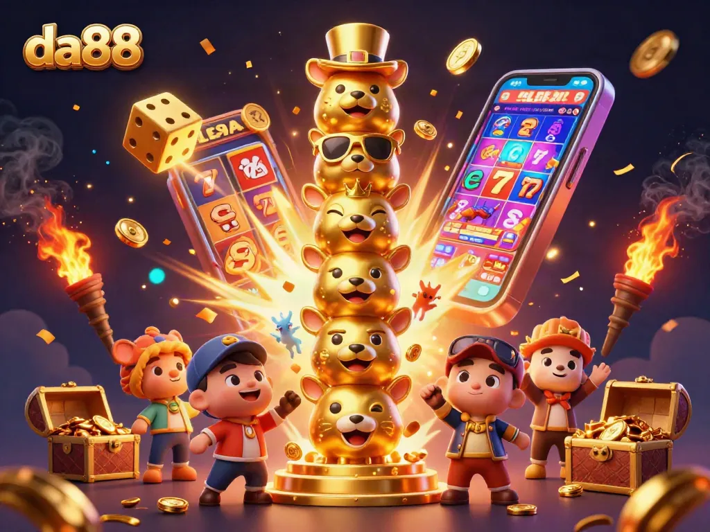 Experience the thrill of da88 with a dynamic casino themed 3D illustration showcasing slots and golden totem elements.