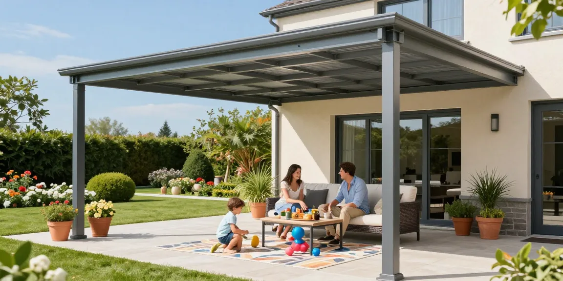 Moderne Terrassenüberdachungen in einem einladenden Garten mit spielenden Kindern und erfrischenden Getränken.