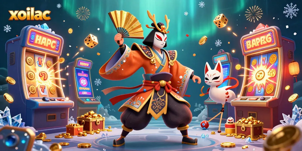 Xoilac showcases a vibrant casino scene with a kabuki warrior crane and kitsune mask amid jackpots and slot symbols.