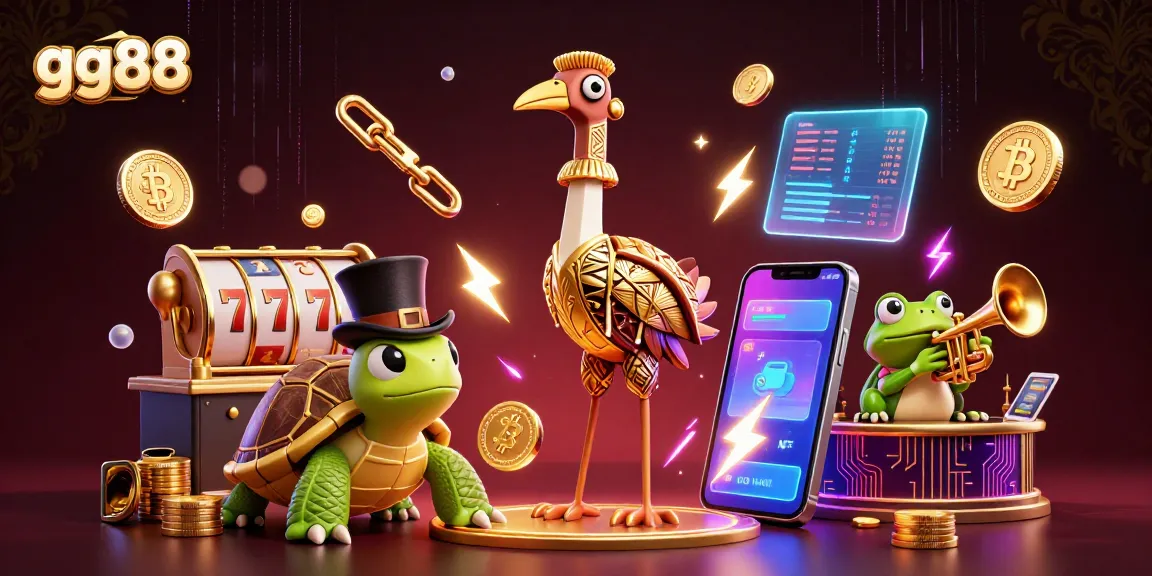 Play and win with gg88 using a vibrant 3D casino illustration showcasing exciting game elements and characters.